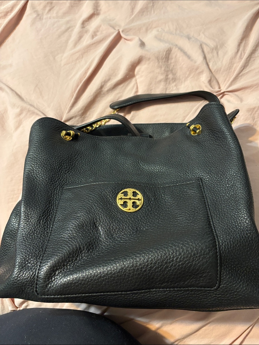 Tory Burch Black Pebbled Leather Tote with Gold Emblem